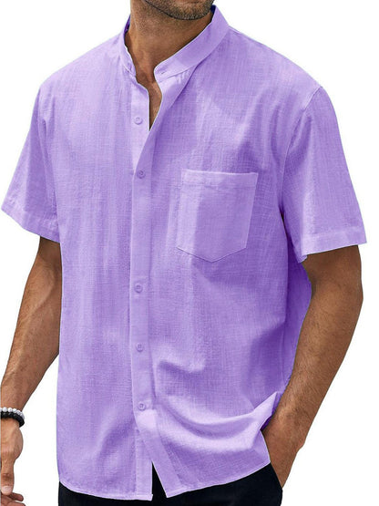 Men's Solid Color Stand Collar Pocket Cotton Linen Casual Short Sleeve Shirt