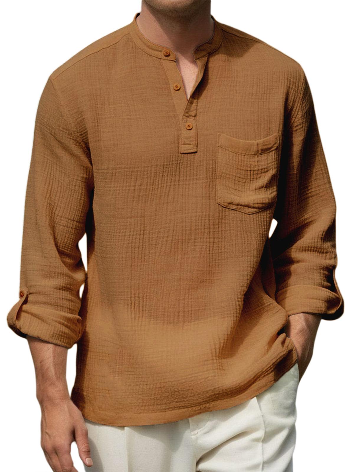 Men's Breathable Cotton-linen Wrinkled Henley Shirt with Pockets