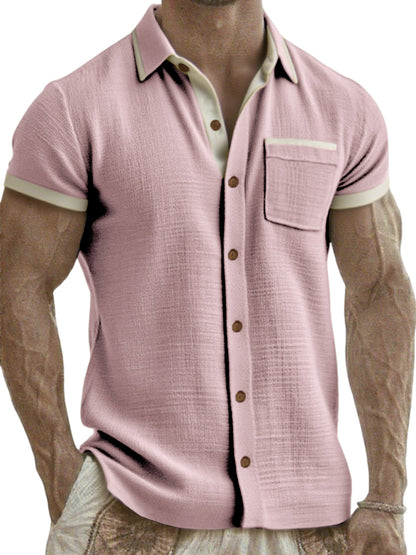 Men's Breathable Linen Colorblock Casual Short Sleeve Shirt with Chest Pocket