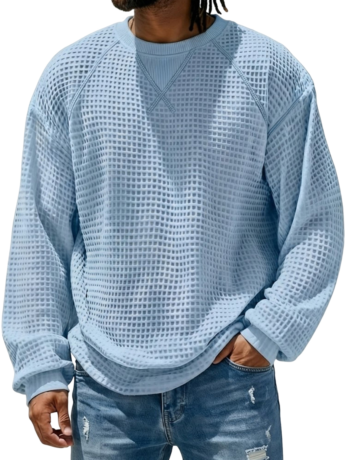 Men's Breathable Waffle Textured Raglan Patchwork Basic Pullover Top