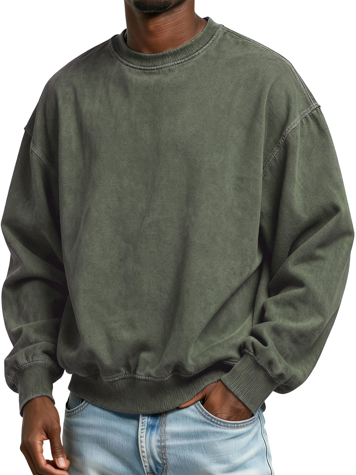 Men's Vintage Washed Distressed Batik Cotton Crew Neck Long Sleeve Sweatshirt