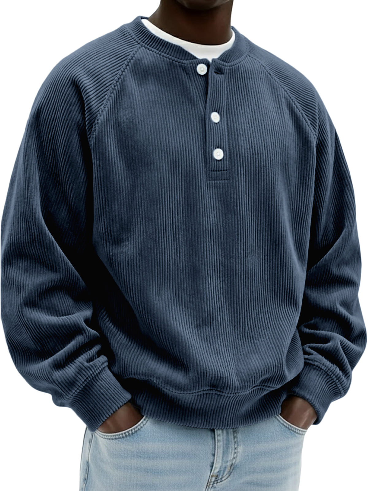 Men's Simple Vintage Ribbed Henley Raglan Pullover Top