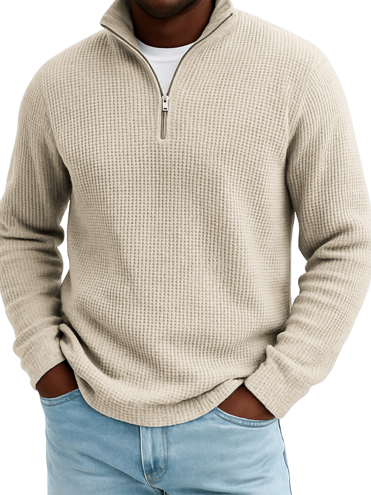 Men's Quarter-zip Waffle Texture Breathable Pullover T-shirt
